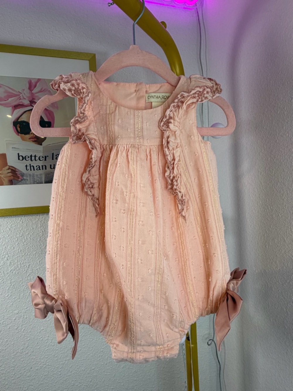 Cynthia Rowley Girls Pink Ruffle Baby Romper 6-9 Months with Side Bows